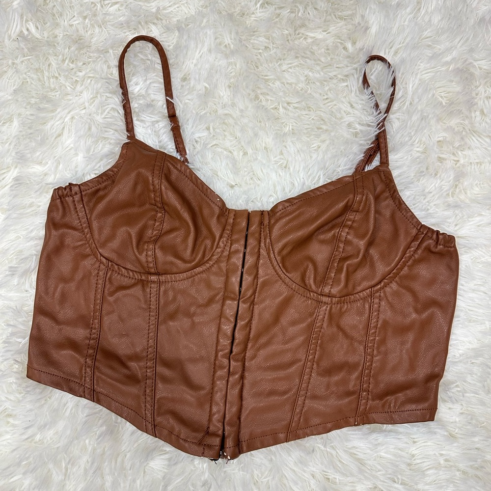 Brown Faux Leather Bustier Top